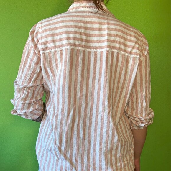 Striped linen rayon beach summer shirt / Large / white and peach - Picture 3 of 3